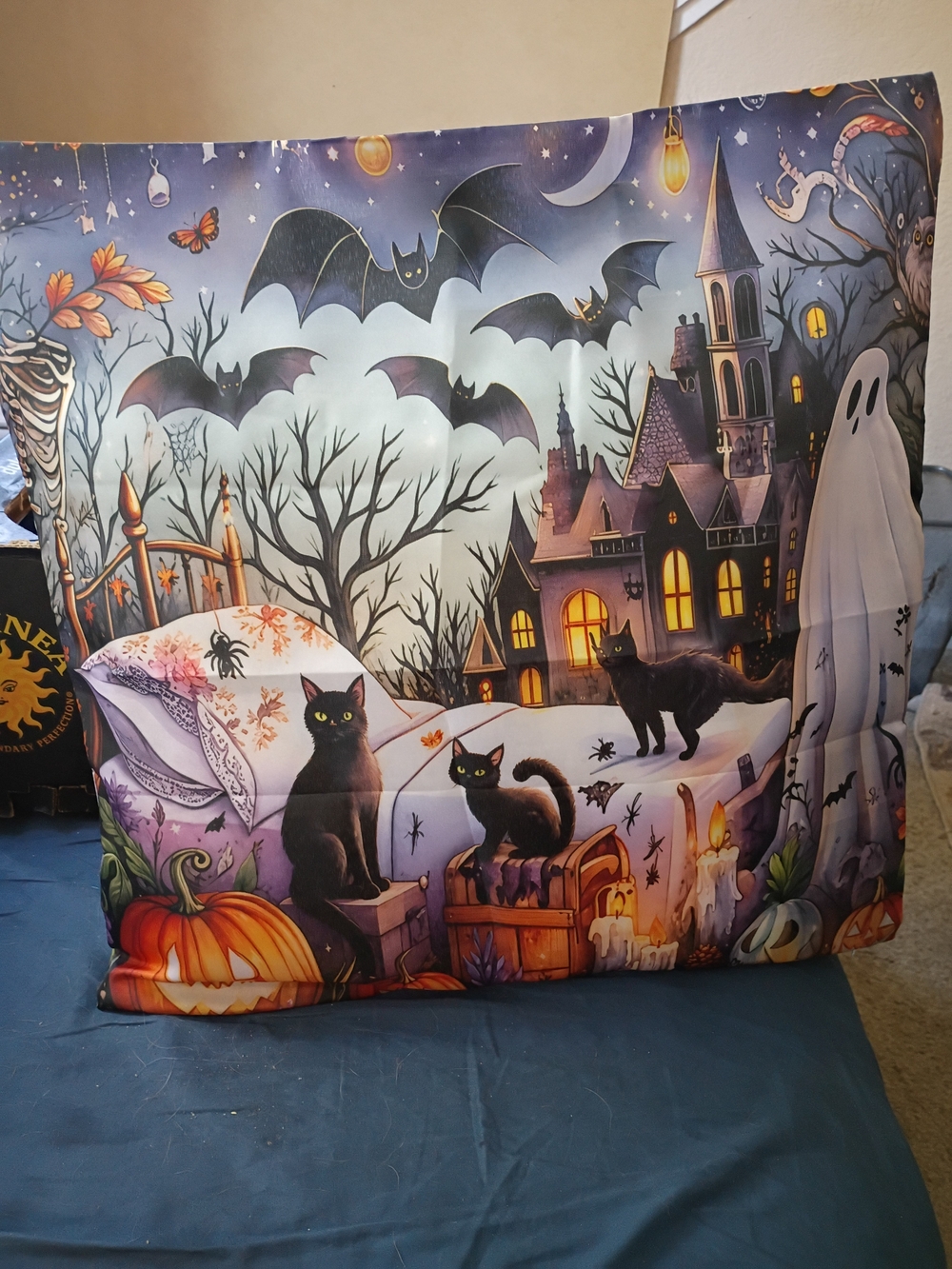 20x20 Halloween Decorative Pillow With Black Cats and Haunted House